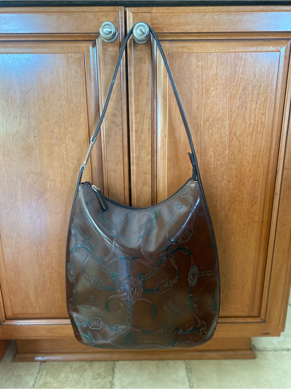Vintage Italian Embossed Leather Equestrian Hobo Shoulder Bag Brown